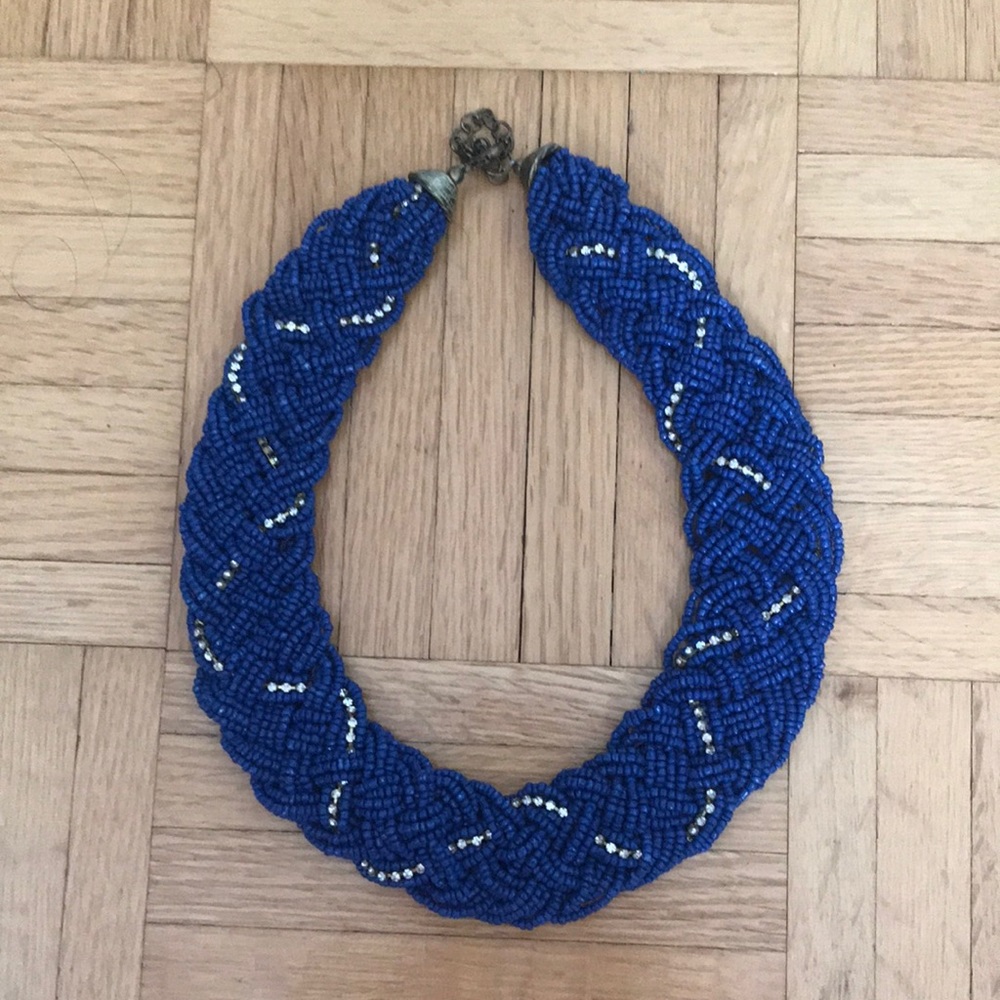 Blue beaded braid statement necklace